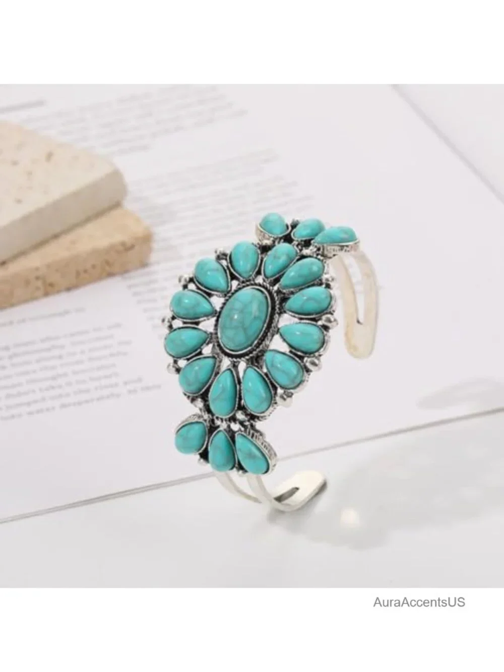 Vintage Floral Cuff Bracelet Antique Silver Bezel Simulated Turquoise Boho